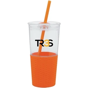 Go - Orange - 16 Oz Acrylic Single Wall Tumbler With Silicone Grip And Dual Sliding Cover