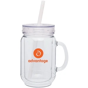 Clear - 18 Oz Double Wall Acrylic Mason Mug With Accent Threaded Lid And Matching Straw