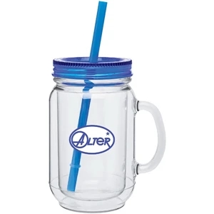 Blue - 18 Oz Double Wall Acrylic Mason Mug With Accent Threaded Lid And Matching Straw