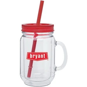Red - 18 Oz Double Wall Acrylic Mason Mug With Accent Threaded Lid And Matching Straw