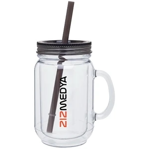 Graphite - 18 Oz Double Wall Acrylic Mason Mug With Accent Threaded Lid And Matching Straw