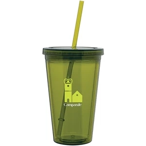 Spirit - Olive Green - 16 Oz Acrylic Double Wall Tumbler With Threaded Lid And Matching Straw