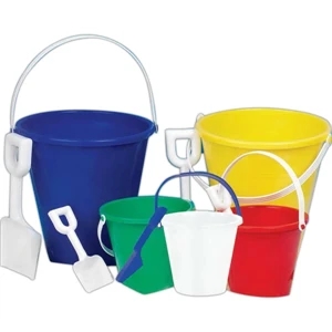 5" High And 5 3/4" Across Small Pail In Assorted Colors. White Shovel. Imprinted