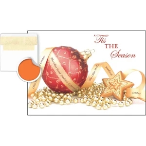 Greeting Card With "tis The Season" On Front With Red & Gold Decorations