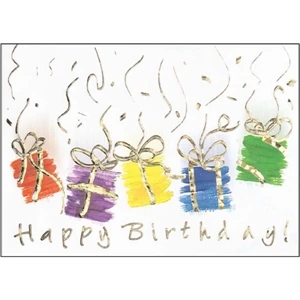 Greeting Card With Foil Accented Happy Birthday And Presents On The Front