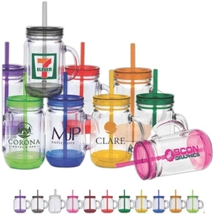 Blue - 20 Oz. Double Walled And Bpa Free Plastic Jar With Lid And Straw