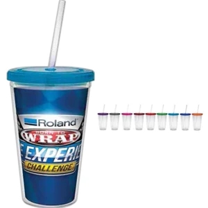 Blue Straw - 16 Oz Clear Cup With Vivid Print, Color Straw And Color Lid