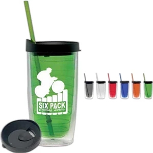 Blue - 15 Oz. Doubled Walled Cup With Black Lid And Color Coordinated Straw