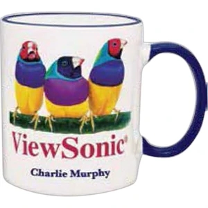 11 Oz White Ceramic Mug With A Blue Handle. Free Personalizations Available