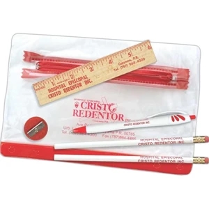 School Kit Includes 2 Round Pencils, A Click Pen, Wood Ruler And A Pencil Sharpener