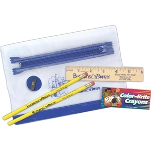 School Kit Includes 2 Round Pencils, Crayons, Wood Ruler And A Pencil Sharpener