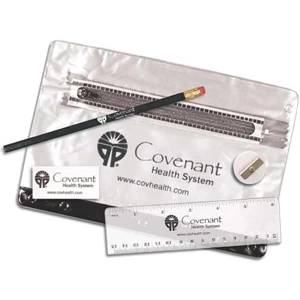 Clear Zippered School Kit With Round Pencil, Ruler, Sharpener And Eraser