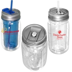 Econo - 16 Oz Double Wall Acrylic Mason Jar Bottle With Polypropylene Straw