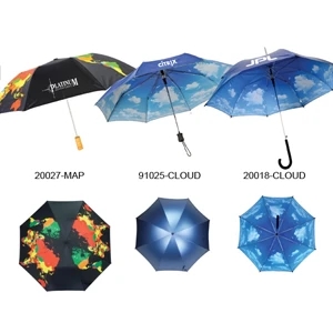Automatic Open Umbrella With Wood Handle And World Map Imprint On Outside; 43" Arc