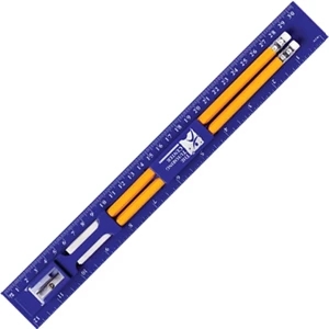 Blue - Ruler Set, English Metric Scale, 2 Pencils, Pencil Sharpener, Eraser