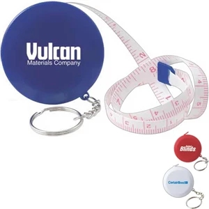 Round Tape Measure Key Tag With Button Release And Split Key Ring On Chain