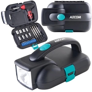 Tool Kit With Emergency Flashlight, Ratchet And Socket Attachments And Much More