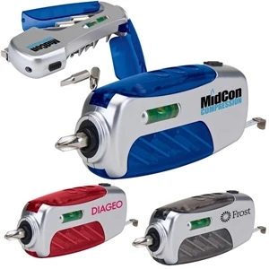Compact Travel Tool Includes Leveler, Tape Measure, Flashlight And 6 Metal Bits