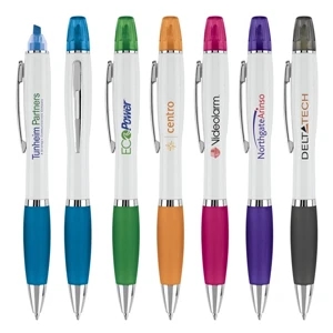 Combination Ballpoint/highlighter Pen With Curvaceous Shape And Color Rubber Grip