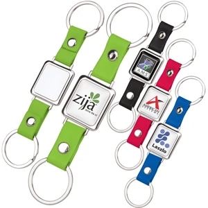 Double Trouble - Keyring With Shiny Metal Square Frame Body, Epoxy Imprint And Leatherette Strap