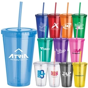 16 Oz. Everyday Plastic Cup Tumbler With Double Wall, Screw-top Lid And Straw