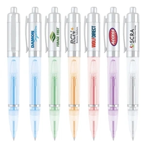Ballpoint Pen Has Metallic Silver Cap And Led Color Light Shines Thru Clear Barrel