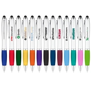 Curvaceous Twist Action Ballpoint Pen With Stylus And Rubber Grip