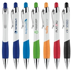 Ballpoint Pen With Curvaceous White Barrel And Bold Color Grip And Plunger