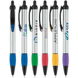 Pen With Metallic Silver Color Barrel Black Accents And Colored Rubber Grip