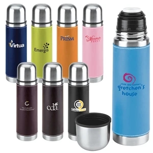 Leatherette Vacuum Bottle Has Double Wall Insulation And Lid Can Be Used As A Cup