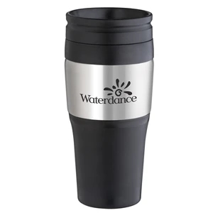 16 Oz., 2-tone, Tumbler With Plastic Lid, Black Accents And Stainless Steel Panel