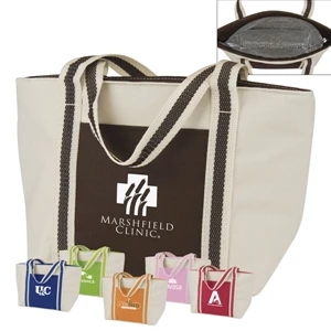Beige Miniature Tote Lunch Bag Is Made From Polyester With Foil Lined Compartment