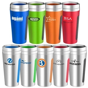 15 Oz. Dual-grip Metallic Double Wall Travel Tumbler Has Chrome Silver Edging