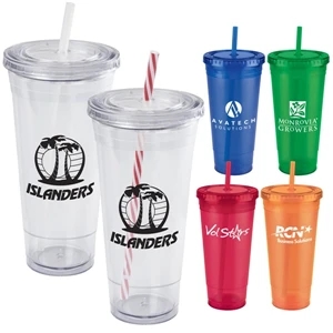 24 Oz. Jumbo Everyday Plastic Cup Tumbler With Double Wall,screw-top Lid And Straw