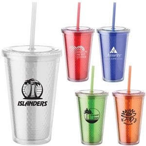 16 Oz. Honeycomb Cup Tumbler Has Clear Double Wall, Screw-top Lid And Color Lining