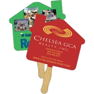 House - One Sided Imprint Hand Fan With Wooden Handle. Fan Made Of 16 Points Board Stock
