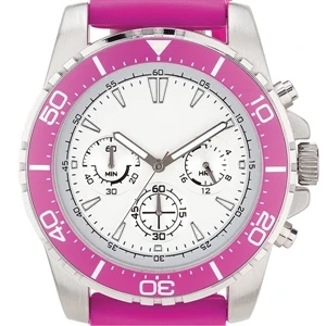 Pink - Colorful Sport Chronograph Watch With Brushed Metal Case And Silicone Rubber Straps
