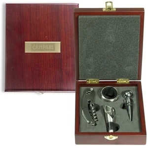 Rosewood Box With Stainless Steel Wine Set Including Wine Pourer And Bottle Stopper