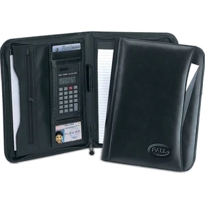 Rainier - Leather Zip Portfolio With Calculator, Front Slot Pocket And Writing Pad