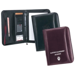 Rainier - Leather Three Ring Portfolio With Calculator, Writing Pad And Zipper Closure