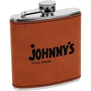6 oz. Laser Engraved Stainless Steel Flask, Raw Leatherette