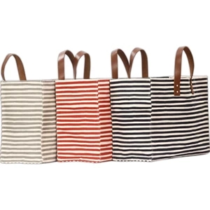 Leather Handled Box Styled Manhattan Striped Canvas Tote Bag