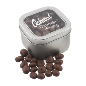 Large Tin with Window Lid and Chocolate Covered Raisins