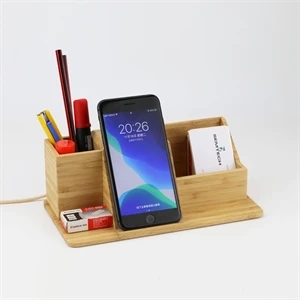 Bamboo Desk Organizer With Wireless Charger