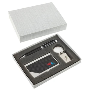 Carbon Fiber Pen, Business Card Case and Chrome Keyring Set