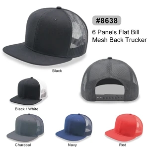 6 Panel Snapback Poly Twill Trucker Cap with Flat Bill