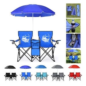 Two Folding Beach Chairs With Umbrella And Cooler Set