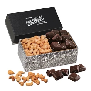 Cashews & Chocolate Sea Salt Caramels in Black & Silver Box