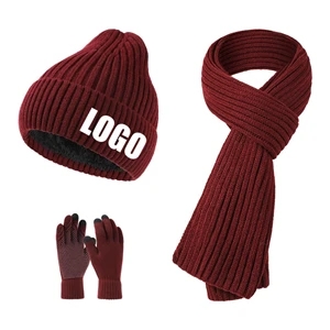 Custom Winter Knit Hat Beanie Long Scarf Gloves Set