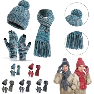 Winter Warm Knit Beanie Hat Touchscreen Gloves Scarf Set